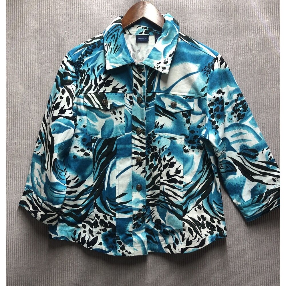 Westbound Petites Shacket Jacket Size PM Teal Zebra Leopard 3/4 Sleeves